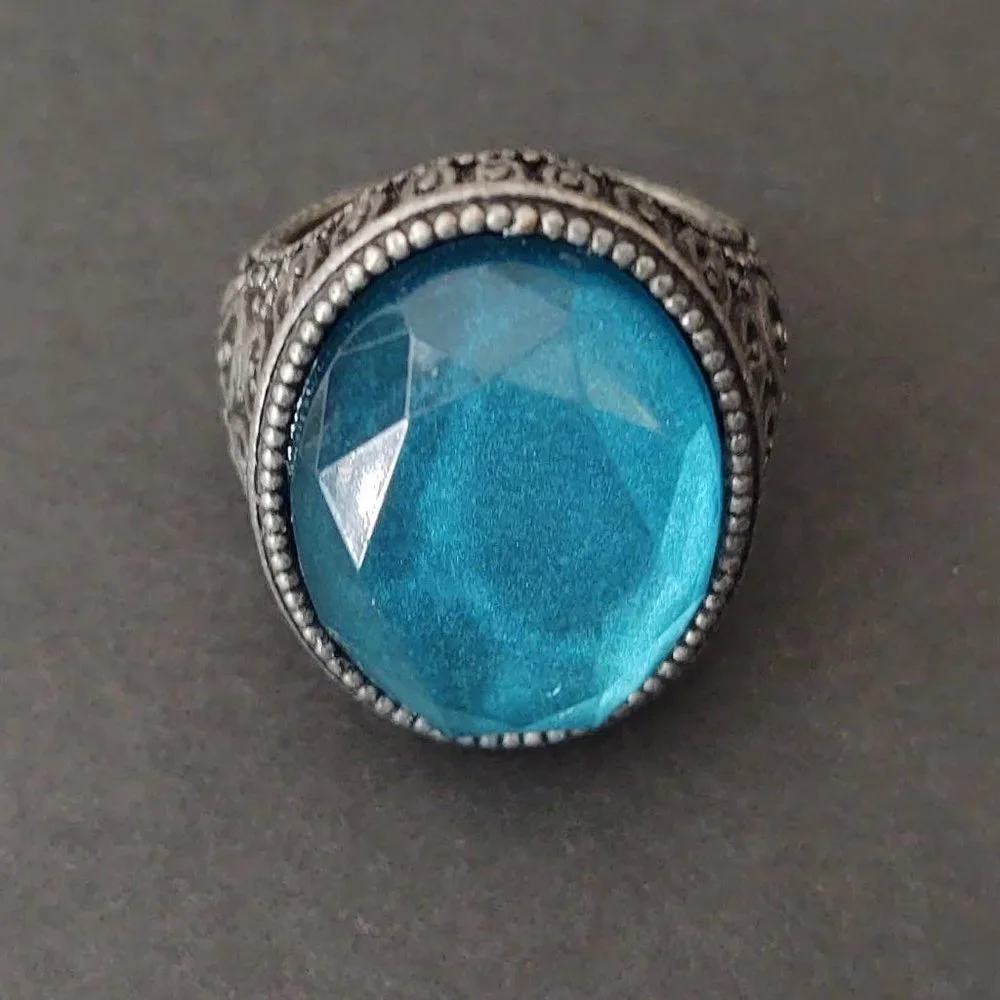 Large blue faceted bead statement ring
